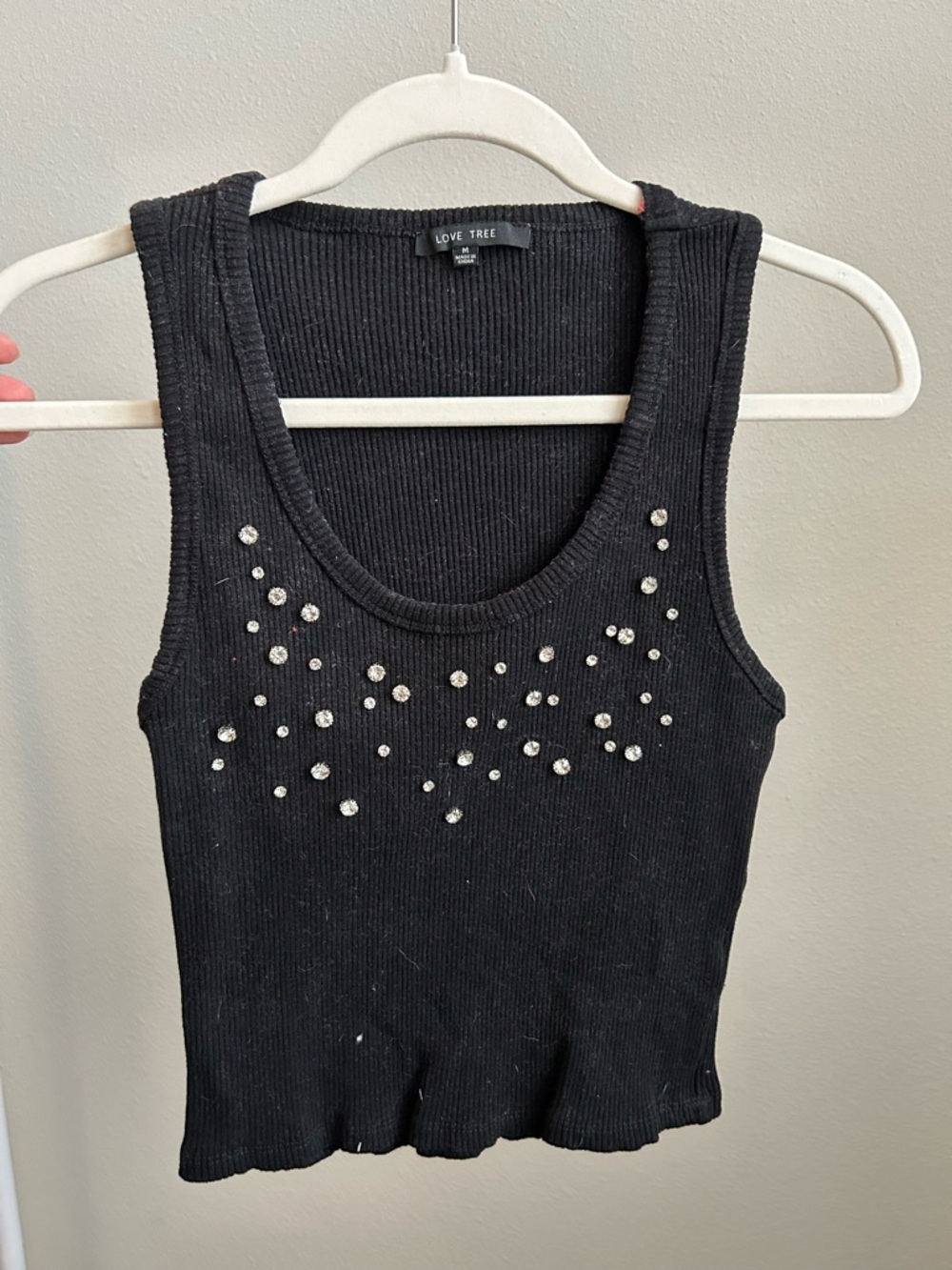 Love Tree Black Ribbed Tank with Rhinestone Studs